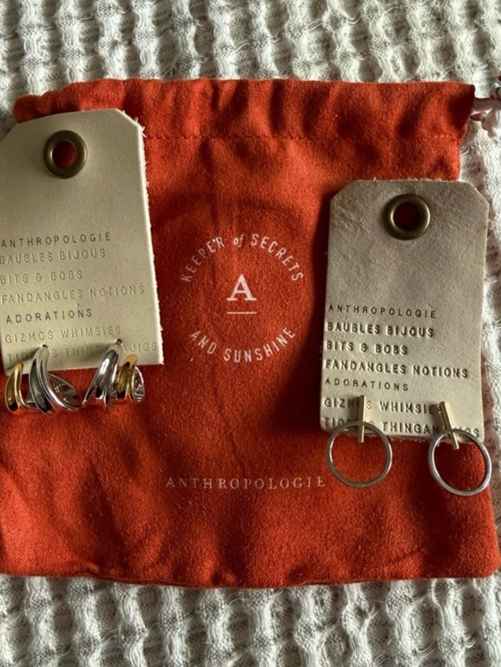 Anthropologie Gold & Silver Mixed Hoop Duo with Orange Pouch